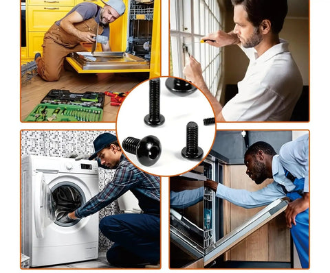 Collage of men assembling appliances with All In One 1305 Piece Metric Screw And Nut Kit With 10.9 Grade Alloy Steel Bolts Nuts Washers