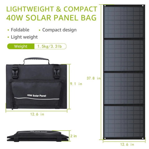 40W Portable Foldable Solar Panel Charger With Kickstand For Outdoor Power Stations, compact design and measurements shown