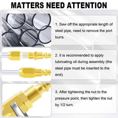 Installation instructions for Brass Pneumatic Hose End Repair Fitting, highlighting process on steel pipes with visual steps.