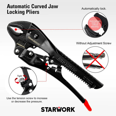 Black automatic curved jaw locking pliers with tension screw, showing auto-lock feature.
