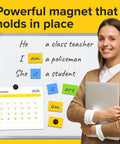 Slick Peel And Stick Magnetic Dots For Kitchen And Office Killer Adhesive Backing To Grip Photos Or Grocery Lists On The Fridge With Zero Sweat 36 Piece Set displayed on a whiteboard with notes and a calendar.