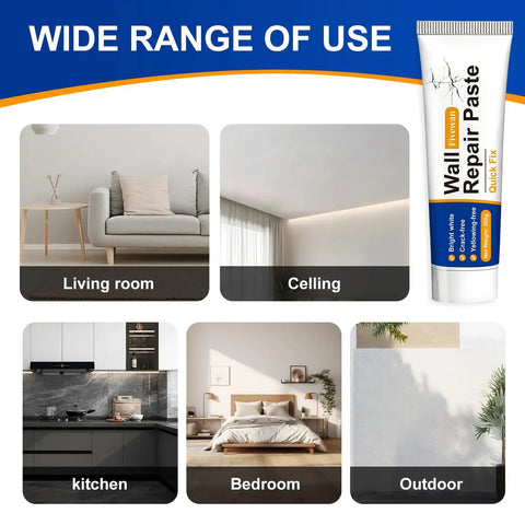 Drywall Repair Kit With Scraper For Quick Hole And Crack Repair shown with versatility in living room, ceiling, kitchen, bedroom, and outdoor areas.