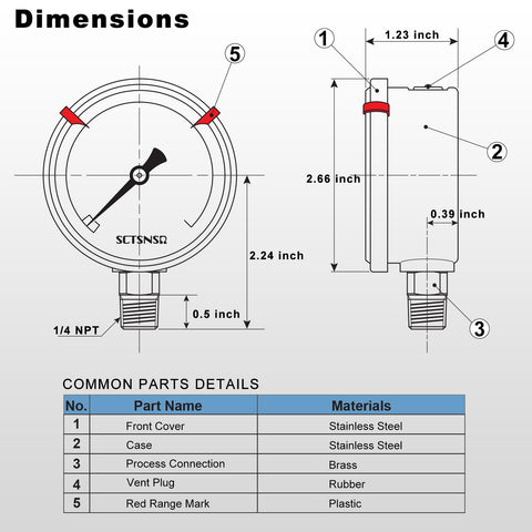 Diagram of Liquid Filled Pressure Gauge 0 to 300 Psi, Two and A Half Inch Dial, One Quarter Inch NPT Lower Mount, Stainless Steel Case.