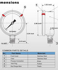 Diagram showing dimensions of Glycerin Filled 0 To 160 Psi Pressure Gauge With 2.5 Inch Dial And 1/4 NPT Lower Mount Stainless Steel Case.