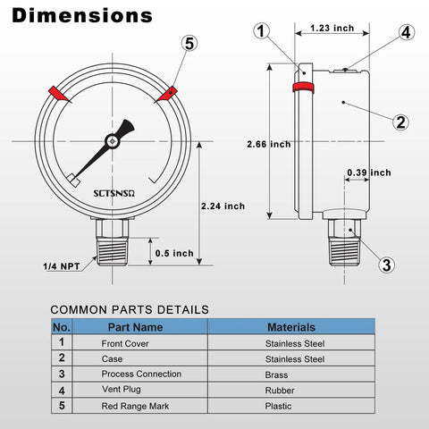 Diagram showing dimensions of Glycerin Filled 0 To 160 Psi Pressure Gauge With 2.5 Inch Dial And 1/4 NPT Lower Mount Stainless Steel Case.
