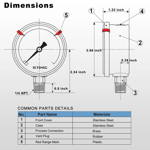SCTSNSR vacuum pressure gauge, glycerin-filled, 2.5-inch dial, stainless steel case, 1/4 in NPT lower mount