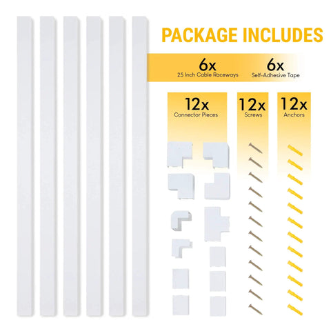 Under Desk Cable Management Kit With 150in Total Coverage, 6 Pack Raceway For Wires, includes raceways, connectors, screws, tape