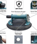 Heavy Duty Vacuum Suction Cup Lifter With Carrying Case For 125 Lb Lift Capacity, Rugged Metal Handle, close-up showing features