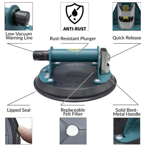 Heavy Duty Vacuum Suction Cup Lifter With Carrying Case For 125 Lb Lift Capacity, Rugged Metal Handle, close-up showing features