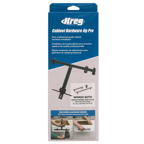 Packaging of Cabinet Hardware Jig Pro For Easy Knob And Pull Installations, Adjustable Drill Guides, Reversible Design, Handles One And Three Quarters Inch To Twelve Inches Center Spacing, Professional Grade Accuracy For Doors And Drawers