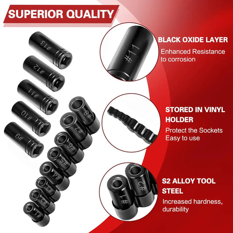 13 Piece Tap Socket Set Kit For Standard And Metric Taps Pro Grade Build Includes 70500 And 71670 Sockets with black oxide layer