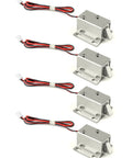Compact 12V Direct Current Electromagnetic Solenoid Lock 4 Pack Slide Bolt Tongue Down Safety Latch For Cabinet Drawer And Exit Door With No Sweat Install And Rock Solid Security, silver tone locks with red and black wires.