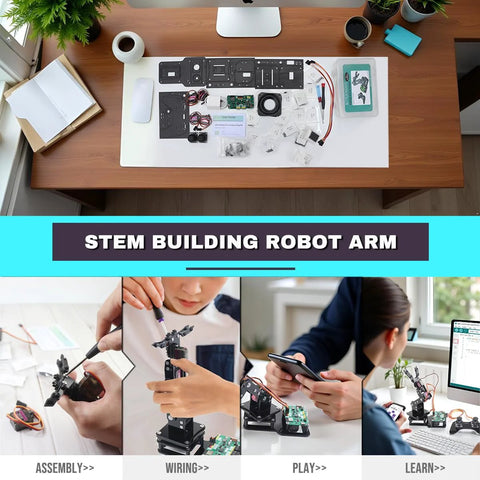 SIYEENOVE ESP32 4DOF robot arm kit on desk; Arduino/MicroPython compatible with joystick control components