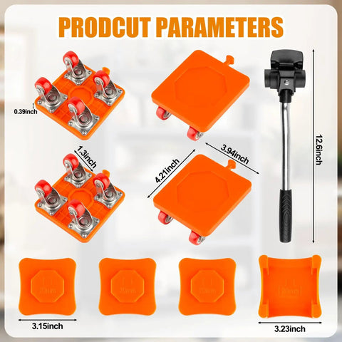 Heavy Duty Furniture Movers And Rolling Dolly Kit Built For Brutally Heavy Loads Smooth Sailing Moving Day Hustle Apartment Friendly Couch Sliders And Appliance Glide Tools with four dollies and sizes labeled.
