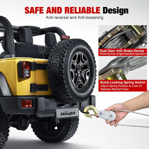 Heavy Duty Come Along Winch 5 Ton 10000 Lbs Hand Winch Tool With 10 Ft Rope shown in use on a jeep for vehicle recovery.