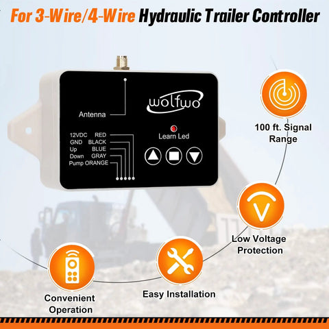 Diagram of a Dump Trailer Wireless Remote Controller For 3 Wire And 4 Wire 12V Hydraulic Dump Trailer with features and white casing.