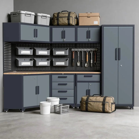 16 Piece Garage Storage Cabinet System With Corner Cabinets, Workbenches, And Pegboard, Heavy Duty Pro Grade Metal Workshop Organizer