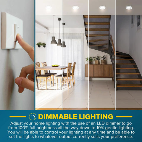Adjustable dimmer for 12 Pack 5 6 Inch Recessed LED Can Lights With Five Color Temperatures 2700K 3000K 3500K 4000K 5000K Dimmable 14W 1100 Lumens Wet Rated IC Rated ETL Listed For Home Living Spaces in a modern dining area.