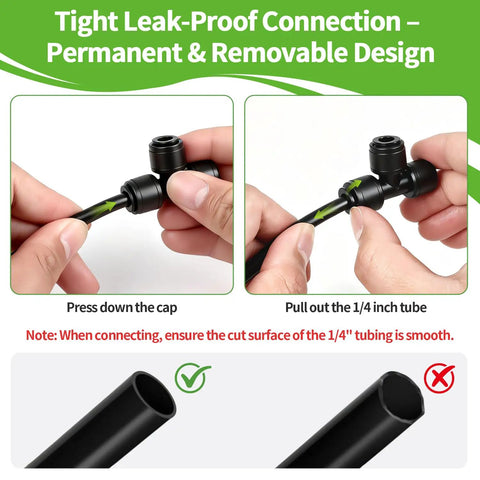 Hands demonstrating Thirty Piece Quick Connect Drip Irrigation Tee Fittings Kit For One Quarter Inch Tubing installation.