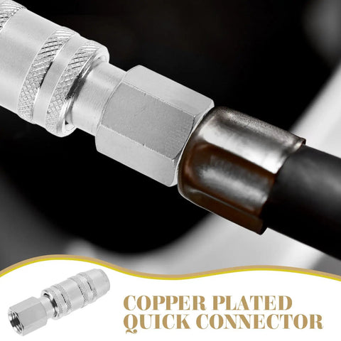 Close-up of Heavy Duty Workhorse Stainless Steel Air Hose Coupler Quick Connect Pneumatic Fitting on a hose end.