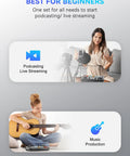 Woman using All In One Podcast Studio Kit with USB audio interface and condenser microphone for streaming and music production.
