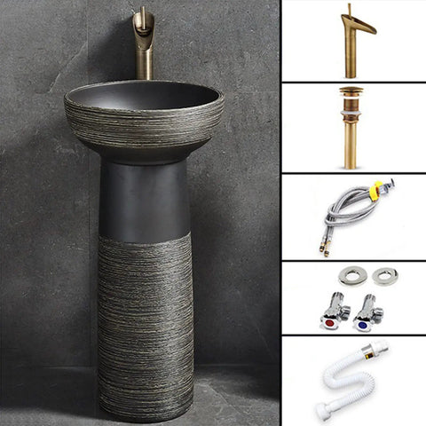 Real Deal Handmade Ceramic Vessel And Bathroom Sink Combo With Faucet Hardware Heavy Duty Porcelain Basins For Indoor Outdoor Vanity Top Shelf Tough 2 Piece Pack close-up of the ceramic sink with faucet attachment.