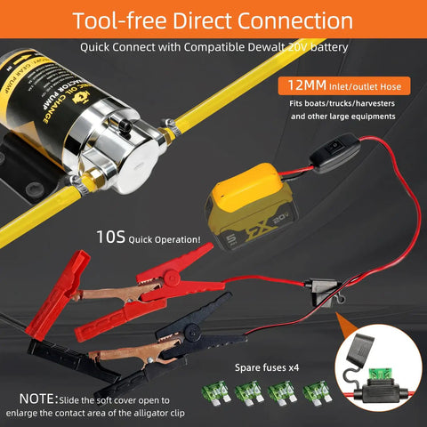 Heavy Duty Electric Oil Extractor Pump Delivers No Sweat Fluid Swaps Up To Four Liters Per Minute with Dewalt battery connection.