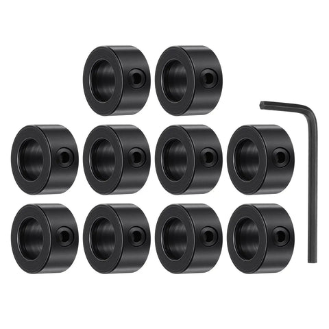 10 Pack Set Screw Shaft Collars With 8.05mm Bore 14mm Outer Diameter And 7mm Wide Black Oxide Carbon Steel With Wrench Shown