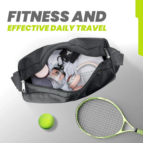 Open black foldable waterproof travel duffle bag for gym and beach with sports accessories, tennis racket and ball