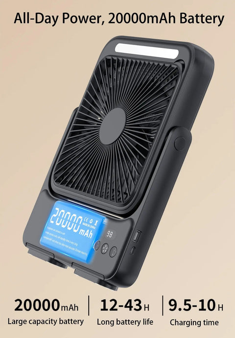 Ultra Slim 20000mAh Magnetic Cruise Approved Fan With Night Light, Four Speed Portable Travel Fan front view with battery display