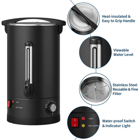 18 Liter Coffee Urn With Double Wall Insulation, Stainless Steel Black, 120 Cups Capacity, Heavy Duty Commercial Coffee Dispenser