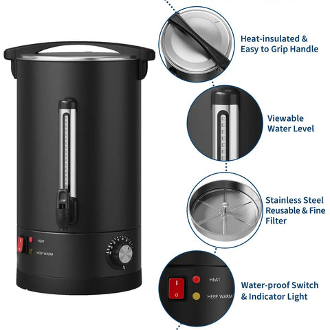 Commercial Coffee Urn, 120 Cup Capacity, 18 Liter Large Electric Beverage Dispenser, Double Wall Stainless Steel, Fast Heat, Catering Grade Coffee Maker for Buffets, Parties, Weddings, Black with control panel and features