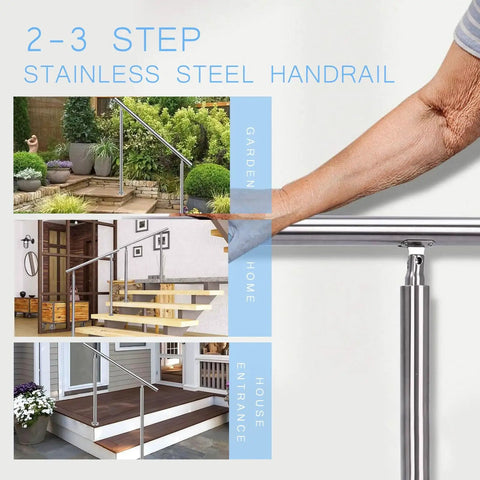 Upgrade Your Curb Appeal Instantly With This Top Shelf Adjustable Stainless Steel Handrail Kit Featuring A Sleek Brushed Silver Finish And Hella Sturdy Floor Mount Brackets For Secure Garden Stairs, showcasing 2-3 step handrail for home, garden and entrance.