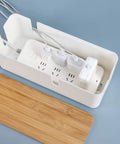 Cable Management Box With Bamboo Lid For Hiding Extension Cords And White Surge Protectors Perfect Desk Or Nightstand Cord Concealer And Power Strip Organizer For A Neat No Mess Space, showing open box with cords and power strip