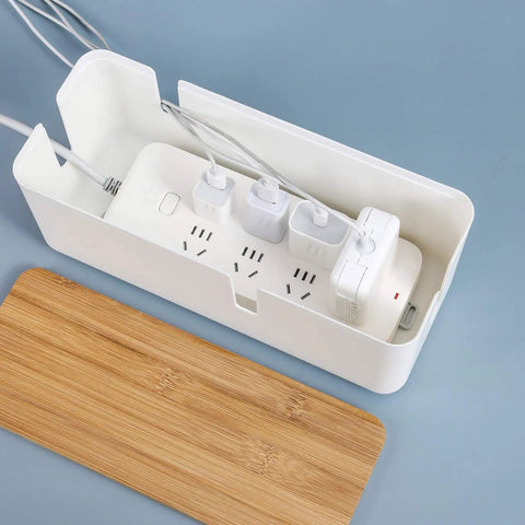 Cable Management Box With Bamboo Lid For Hiding Extension Cords And White Surge Protectors Perfect Desk Or Nightstand Cord Concealer And Power Strip Organizer For A Neat No Mess Space, showing open box with cords and power strip