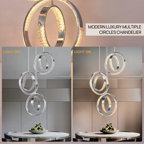 Sleek Modern LED Chandelier With Six Ring Chrome Pendant Light, Dimmable 18W Ceiling Fixture, showing light on and off
