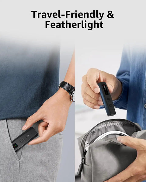 Person placing Hidden Camera Detector Pro With Advanced Anti Spy Tech RF Signal And GPS Tracker Finder in a backpack and pocket