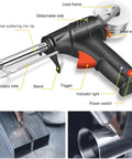 Three In One Do It All Industrial Welding And Cutting Machine with labeled parts and two metalwork examples