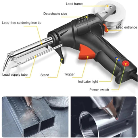 Three In One Do It All Industrial Welding And Cutting Machine with labeled parts and two metalwork examples