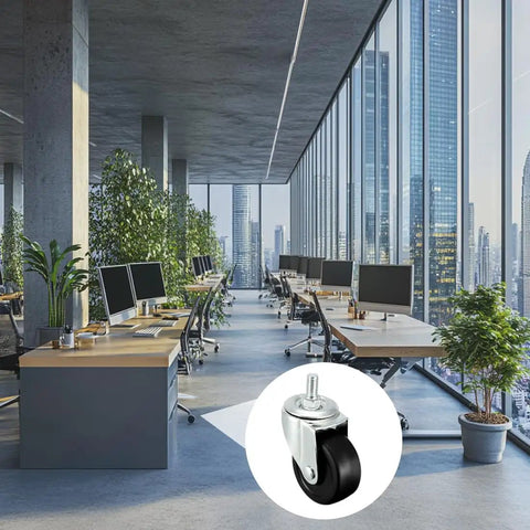 Heavy Duty Black Rubber Swivel Twin Wheel Casters With Threaded Stem Zero Grind Furniture Rollers For Cabinets Lockers And Carts Hella Smooth Rolling Day One Durability in a modern office setting.