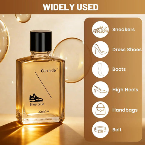 Heavy Duty Shoe Glue For All Kicks Waterproof Clear Adhesive Bottle 1oz placed on a table with usage icons for sneakers, boots, and more.
