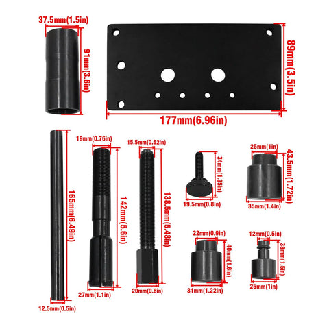WnSEu inner cam bearing installer and puller for Harley Twin Cam; black mounting plate and bolts