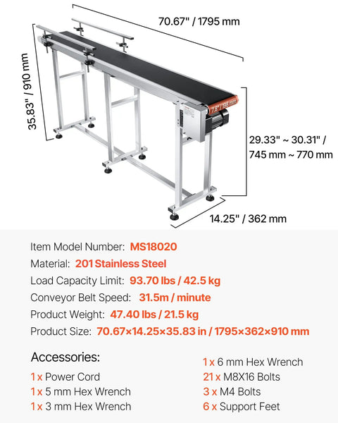 Beefy PVC Belt Conveyor System 71 By 7.8 Inch 110V Electric Adjustable Speed Stainless Steel Industrial Conveyor Machine With Double Guardrails For Safe Durable Material Transport shown with dimensions and specifications.