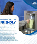 Person filling bottle at Super Handy Wall Mount Filtered Water Fountain With Built In Bottle Filler, stainless steel, ADA compliant.