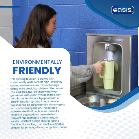 Person filling bottle at Super Handy Wall Mount Filtered Water Fountain With Built In Bottle Filler, stainless steel, ADA compliant.