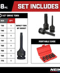 Half Inch Drive Torx Star Socket Set 8 Piece Long 3 Inch Length Cr Mo Impact Sockets From T30 To T70 Black Phosphate Finish