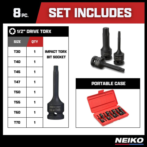 Half Inch Drive Torx Star Socket Set 8 Piece Long 3 Inch Length Cr Mo Impact Sockets From T30 To T70 Black Phosphate Finish