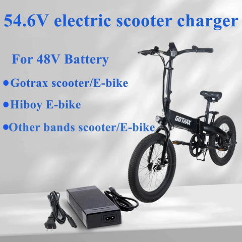 54.6V 1.5A UL Certified Electric Scooter And E Bike Charger with bike, featuring three plug sizes for 48V scooters and e-bikes.