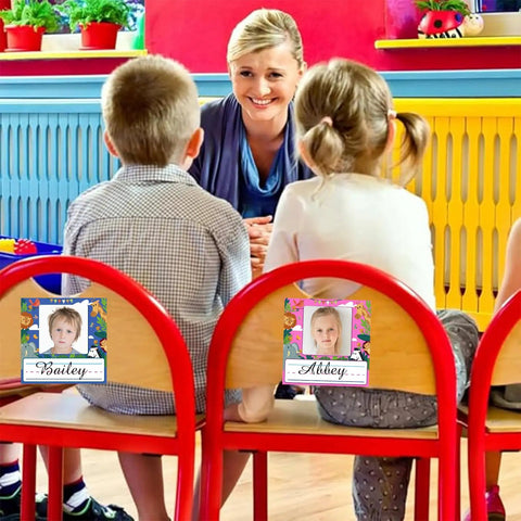 Kids Photo Nameplates For Desk Self Adhesive Name Tags With Photo Space 48 Pieces In 6 Cool Animal Themed Styles on classroom chairs.