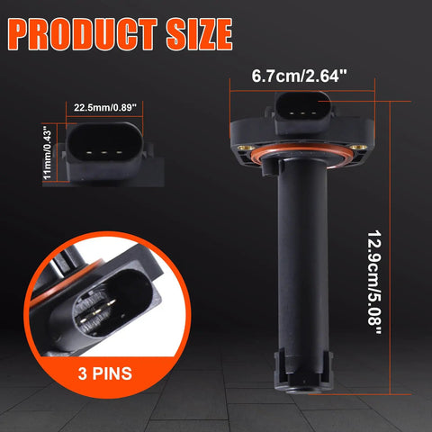 Engine Oil Level Sensor Direct Fit For BMW 1 Series 3 Series 5 Series 6 Series 7 Series X3 X5 Vehicles showing size dimensions and 3 pins
